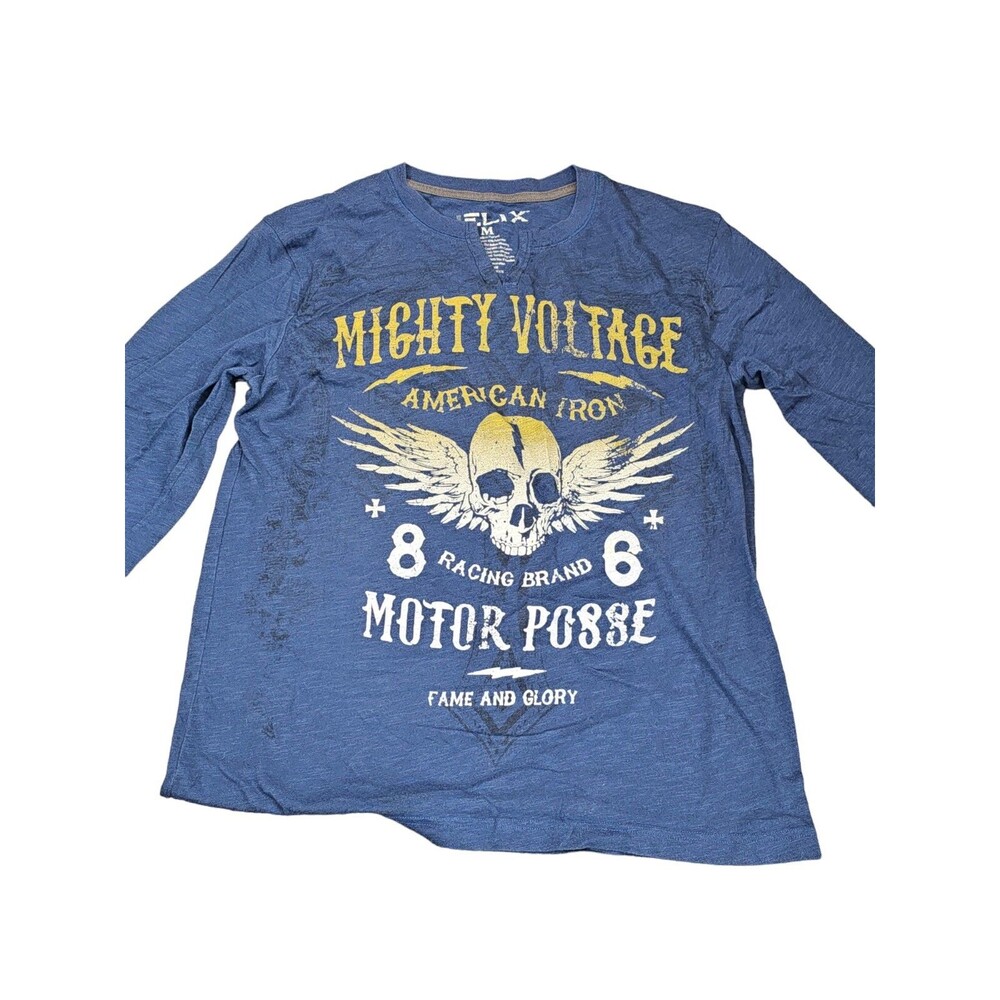 Helix Shirt Mens Medium Blue Vneck Mighty Voltage Motor Posse Tshirt